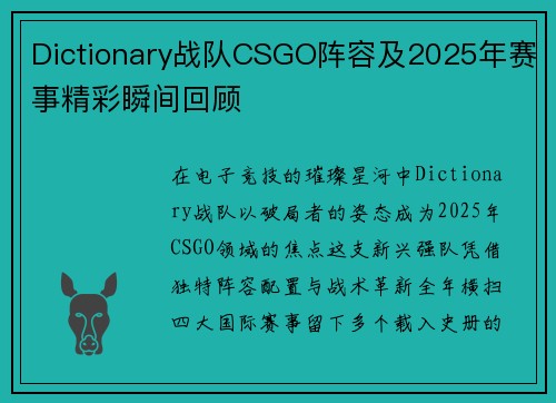Dictionary战队CSGO阵容及2025年赛事精彩瞬间回顾